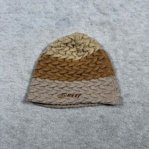 Reef Beanie Mens Womens Tan Brown Colorblock Cable Knit Fleece Lined Hat OSFM